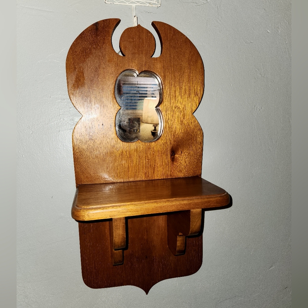 🔨 Vintage 1950s Wooden Angel Mirrored Shelf